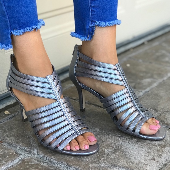 Macy's Shoes - Metallic Silver Kitten Heel Caged Peep Toe Sandals